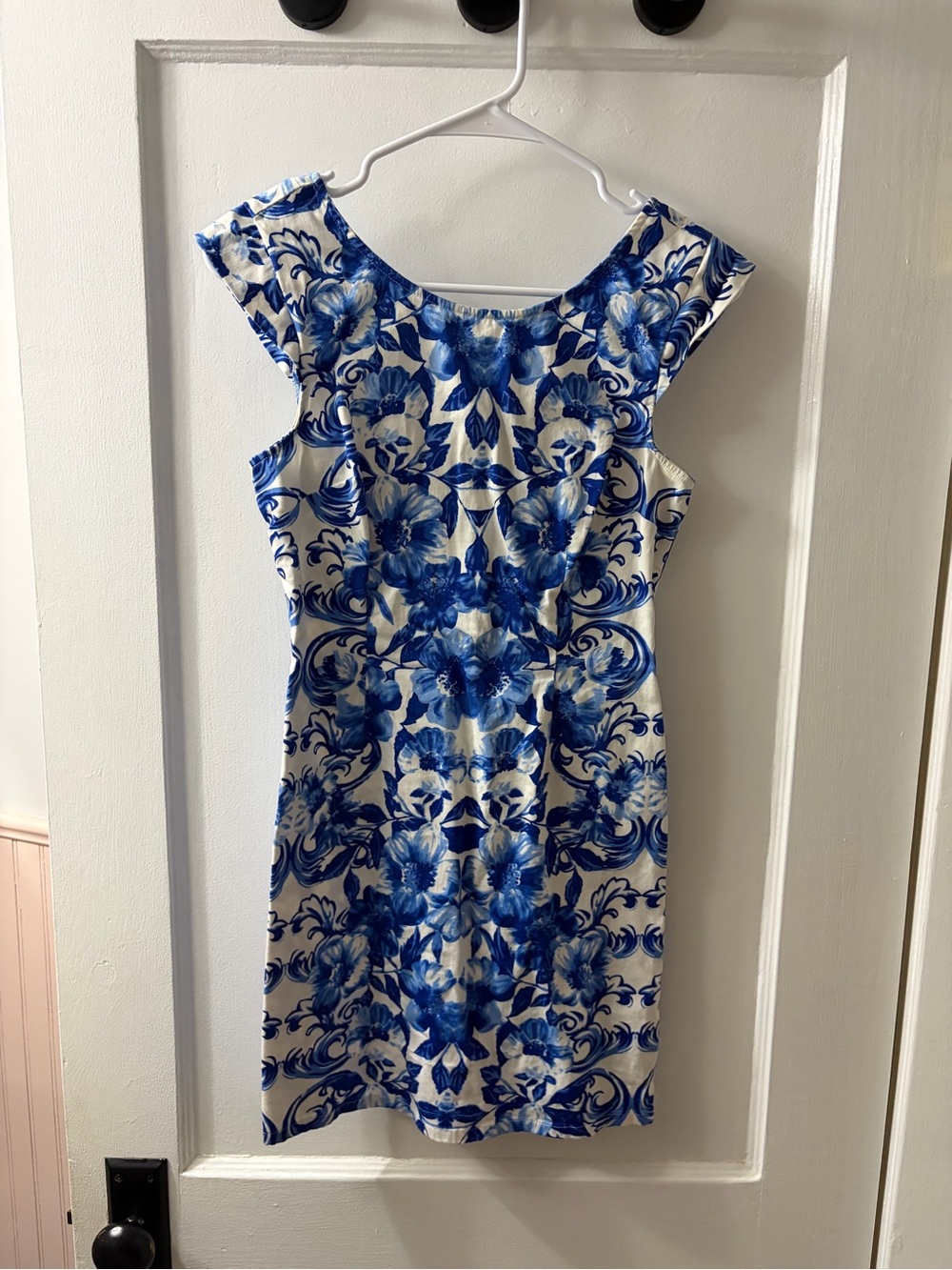Blue Floral Print Cap-Sleeve Dress - White & Blue